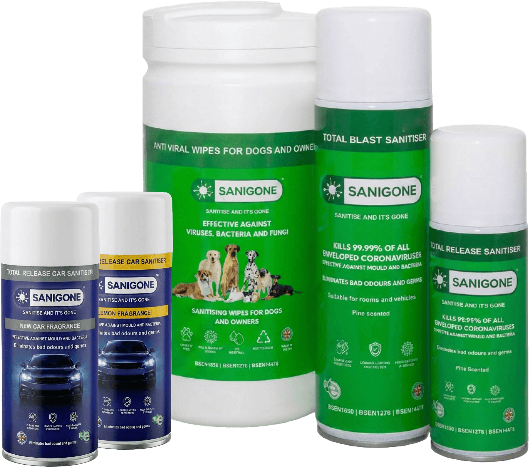 The full Sanigone range — Total Release, Total Blast, Total Release Car Sanitiser and Anti Viral Dog Wipes