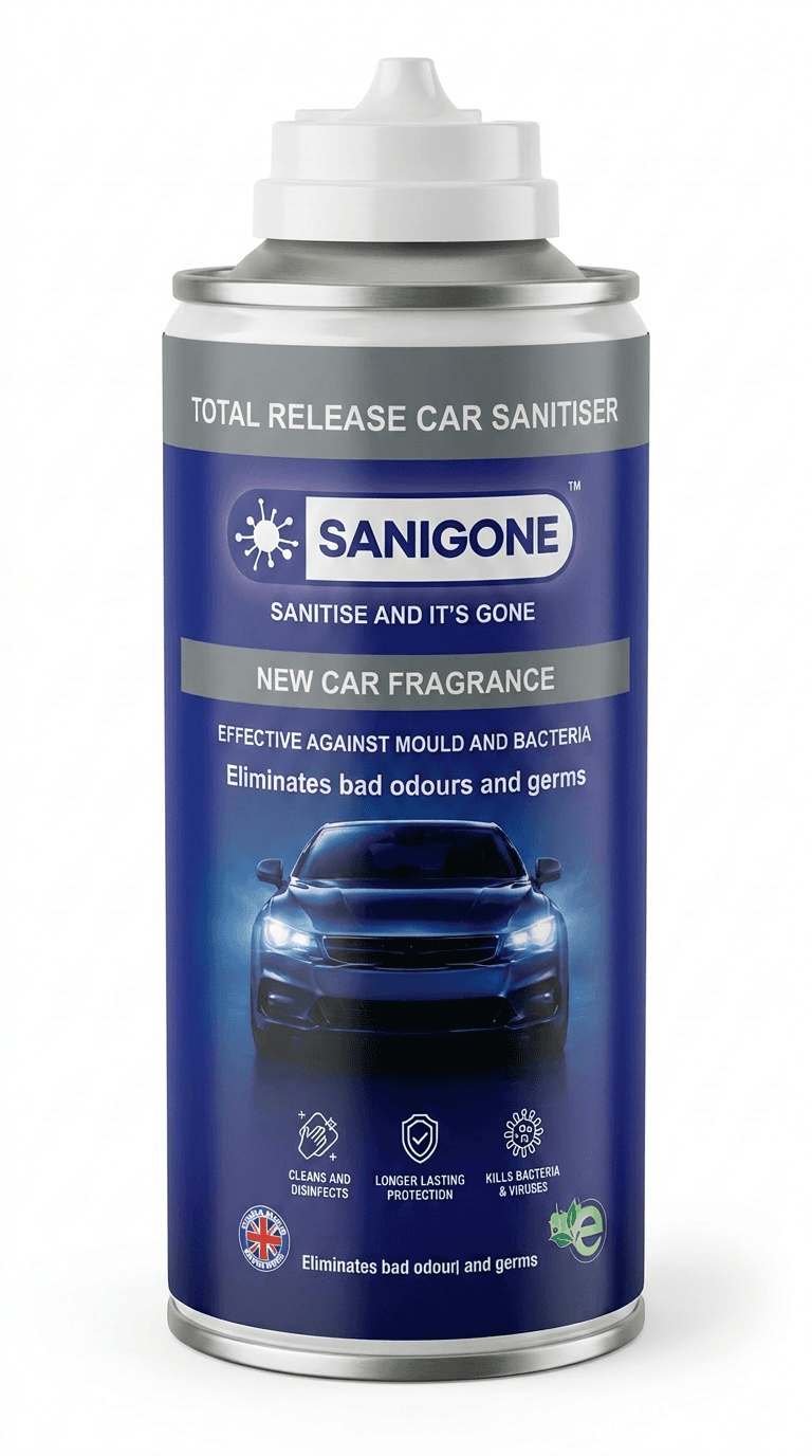 Sanigone Total Release Car Sanitiser — New Car Fragrance (blue can)