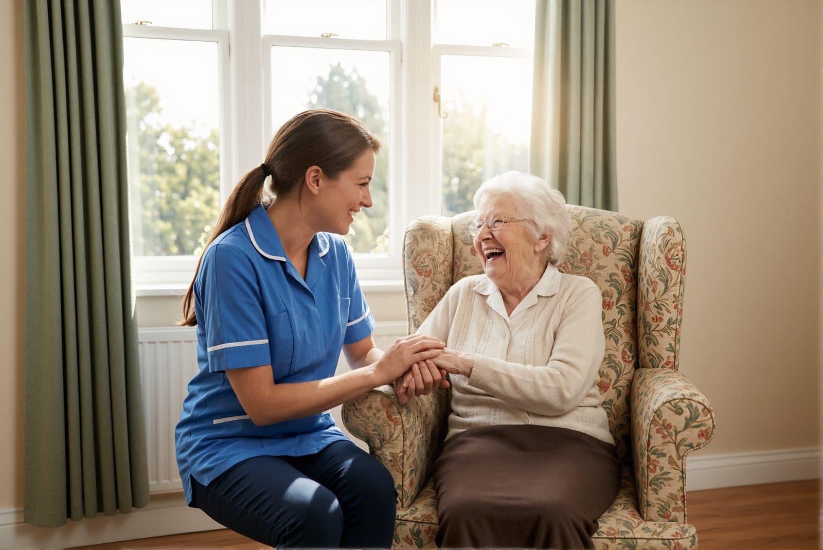 A carer sharing a laugh with a resident in a bright, clean care home lounge