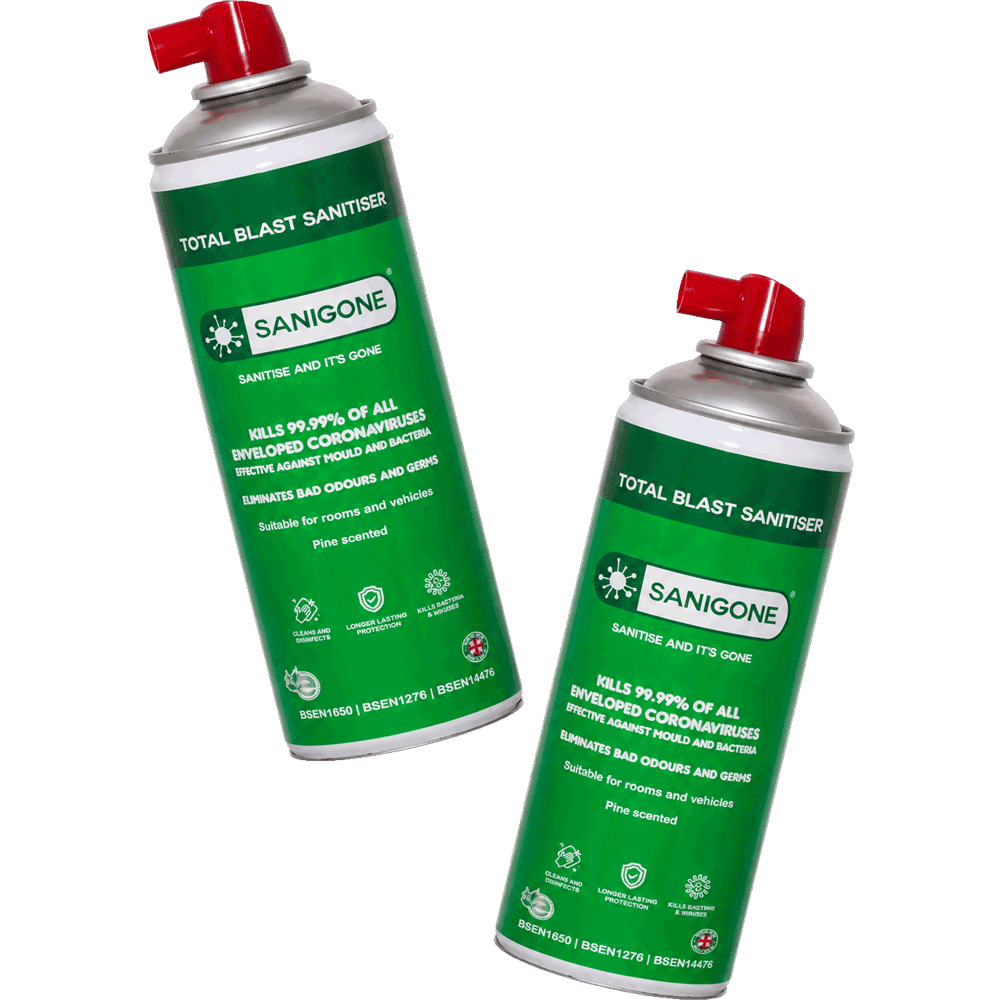 Two Sanigone Total Blast 500ml disinfectant sanitising spray cans
