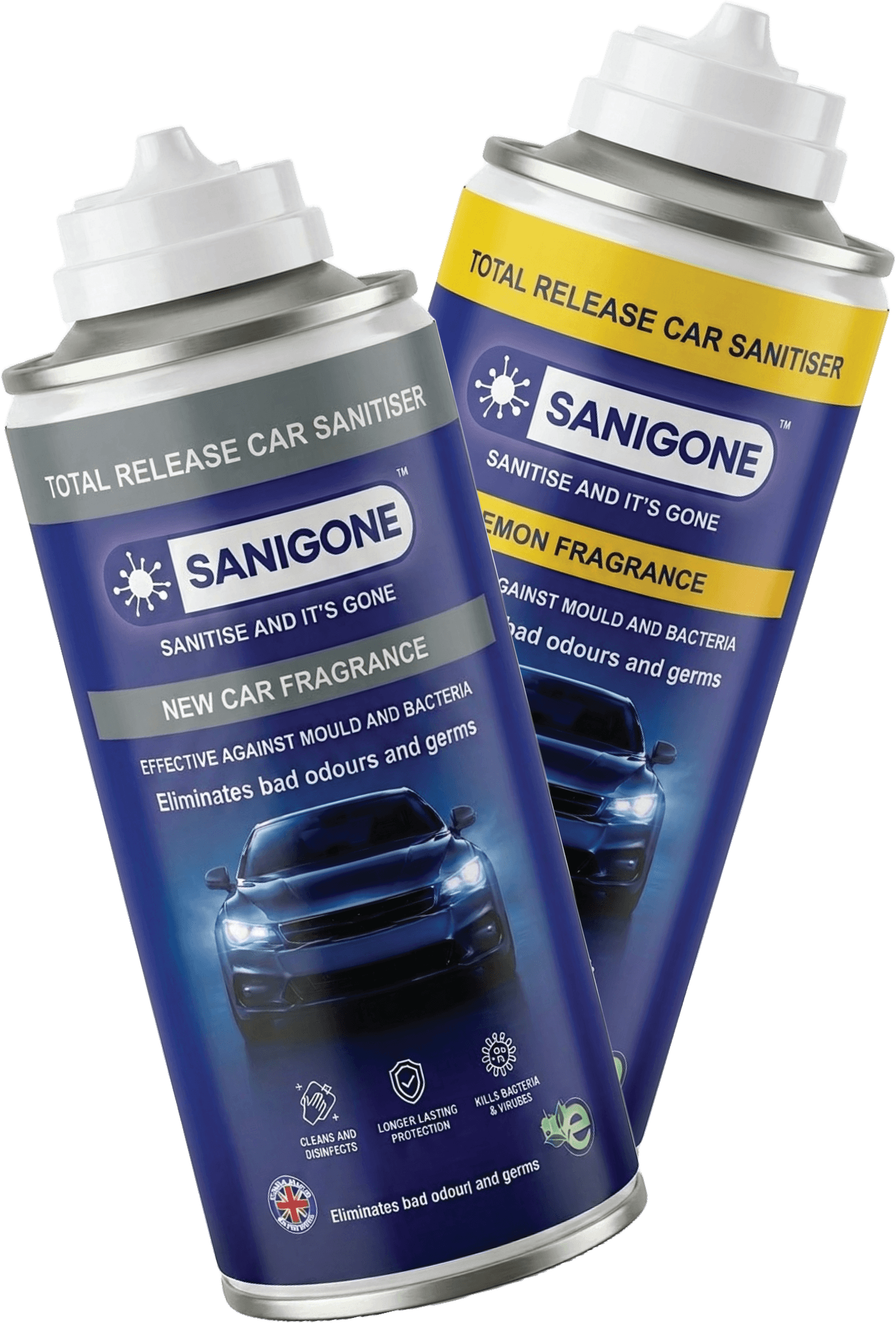 Sanigone Total Release Car Sanitisers — New Car and Lemon fragrances (blue cans)