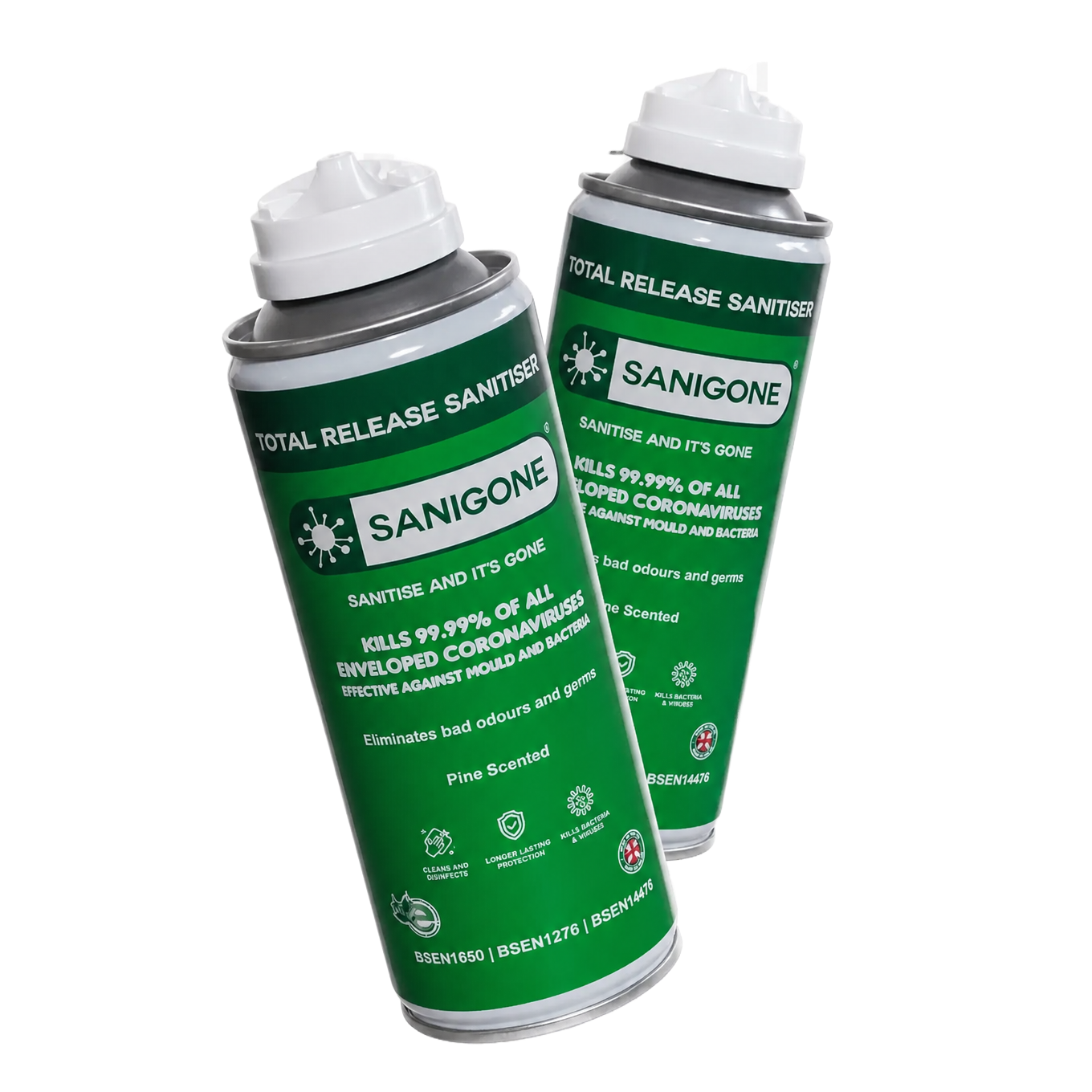 Two Sanigone Total Release room sanitiser cans